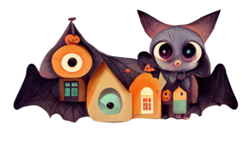 fondo de halloween con un lindo murciélago con ojos grandes y una casa. png