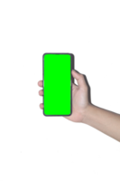 mão do homem segurando um celular em um fundo branco e adequado para tela verde, mão segurando um celular de tela verde png