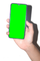 Man's hand holding a mobile phone on a white background and suitable for green screen, hand holding a green screen mobile phone png