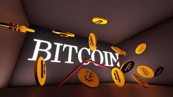 Golden Bitcoin blockchain technology 3d concept with rising graph and glowing bitcoin word. 3D Rendering. photo