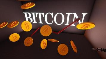 Golden Bitcoin blockchain technology 3d concept with rising graph and glowing bitcoin word. 3D Rendering. photo