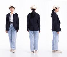 Full length 20s young Mix Race traveller guide tour Woman, 360 front side rear back view, wear camera jeans hat. Tourist female travels feels smile happy over white background isolated photo