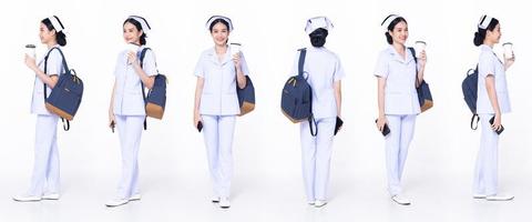 Full length 30s 20s Asian Woman Nurse hospital, 360 front side back rear, wear formal uniform pant shoes. Smile Hospital female carry backpack coffee cup internet phone over white background isolated photo