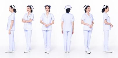 Full length 30s 20s Asian Woman Nurse hospital, 360 front side back rear, wear formal uniform pant shoes. Smile Hospital female looks at camera smile happy over white background isolated photo