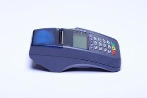 Credit Card machine Device, object studio lighting white background isolated, credit card reader for plastic card payment without bank note. photo