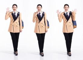 Full length 20s young Mix Race Woman business salesman backpacks, wow surprise palm hand, wear formal blazer and shoes. Office female stands feels happy smile over white background isolated photo