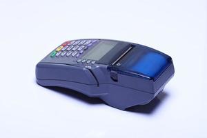 Credit Card machine Device, object studio lighting white background isolated, credit card reader for plastic card payment without bank note. photo