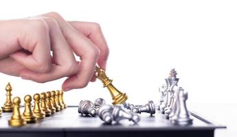 Business woman play Chess to success. Leader use strategy game to challenge competitor with intelligence leadership  power to move King to victory with management team idea battle to win, copy space photo