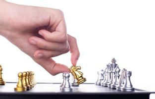Business woman play Chess to success. Leader use strategy game to challenge competitor with intelligence leadership  power to move King to victory with management team idea battle to win, copy space photo