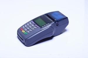 Credit Card machine Device, object studio lighting white background isolated, credit card reader for plastic card payment without bank note. photo