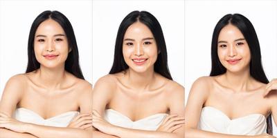 Half Body young adult Asian Woman, look at camera, beautiful Fashion make up open shoulder. Beauty female express feeling smile happy with long straight black hair over white background isolated photo