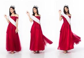 Full length of Miss Beauty Pageant Contest wear red evening sequin gown with diamond crown photo
