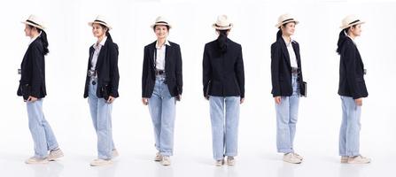 Full length 20s young Mix Race traveller guide tour Woman, 360 front side rear back view, wear camera jeans hat. Tourist female travels feels smile happy over white background isolated photo