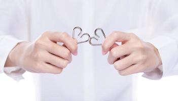 Business Woman solve puzzle as connect to strategy success idea and problem. Work as team match challenge and join company together in game for incomplete fit service, copy space white clean photo
