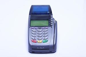 Credit Card machine Device, object studio lighting white background isolated, credit card reader for plastic card payment without bank note. photo