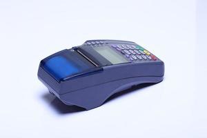 Credit Card machine Device, object studio lighting white background isolated, credit card reader for plastic card payment without bank note. photo