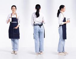 Full length 20s young Mix Race Barista shop restaurant Woman, 360 front side back rear view, wear apron coffee cup. Office female stands feels smile happy over white background isolated photo