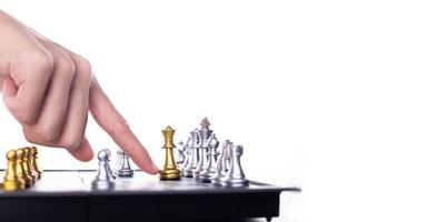 Business woman play Chess to success. Leader use strategy game to challenge competitor with intelligence leadership  power to move King to victory with management team idea battle to win, copy space photo