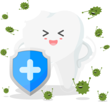 Happy tooth characters in flat style with shield and bacteria png