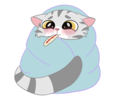el gato americano enfermo está cubierto por una manta grande y hay un termómetro en la boca. arte de garabatos y dibujos animados. png