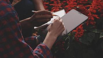 mujer agricultora de tecnología agrícola que sostiene tableta o tecnología de tableta para investigar sobre datos de análisis de problemas agrícolas e icono visual. video