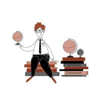 Happy young boy character studying. Hand draw outline vector illustration in doodle style. Back to school concept.