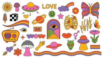 Set of hipster retro cool psychedelic elements. Collection stickers of groovy cliparts from the 70s 60s. Collage with trendy pop vibe with funky design element. Abstract background of cartoon sticker vector