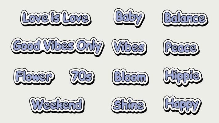 Set of hipster retro cool slogans and phrases. A collection of groovy word stickers with a 70s 60s font vibe. Cute patches with y2k text. Illustration of vector isolated letters and lettering.