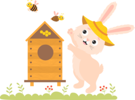 Bunny beekeeper with beehive and bees png