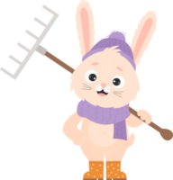 Rabbit in rubber boots with rake png