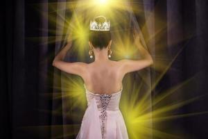 Concept of Beautiful Miss Pageant Queen Contest opens Stage Curtain as Door windows of New Opportunity, Life, chance, Work. Asian Woman Changes everything Next Day after winning Diamond Crown. photo