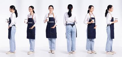 Full length 20s young Mix Race Barista shop restaurant Woman, 360 front side back rear view, wear apron coffee cup. Office female stands feels smile happy over white background isolated photo