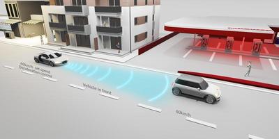 piloto automático distancia del coche delantero sistema de control de crucero adaptativo ev frenado automático de emergencia frenado de emergencia para evitar colisiones representación 3d foto