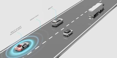 piloto automático sistema de control de crucero adaptativo ev distancia del automóvil delantero frenado automático de emergencia frenado de emergencia para evitar colisiones representación 3d foto