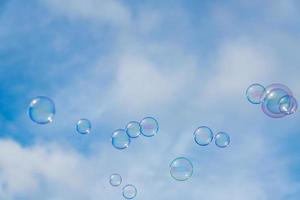 Abstract background, soap bubbles on blue sky background. Copy space for text. photo
