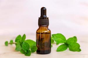 bottle with mint essential oil and green leaves. fresh green peppermint herbal essensce for spa and alternative madicine photo