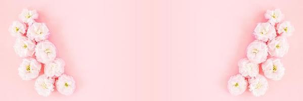 banner o tarjeta de felicitación con espacio de copia hecho de flores de matthiola rosa sobre fondo pastel. foto