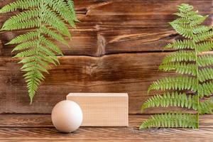 Wooden background with fern leaves and wooden podiums for showcase of products. Natural earth tone composition photo