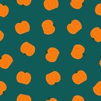 Seamless pattern of pumpkins on emerald color background. Background for autumn decorative design vector