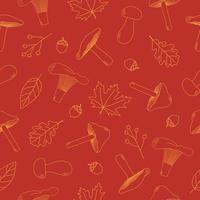 Mushroom and autumn leaves seamless pattern. Line art yellow mushrooms, autumn leaves and acorns on red background. Autumn texture for fabric, wrapping, textile, wallpaper, apparel. vector