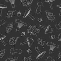 Mushroom and autumn leaves seamless pattern. Line art mushrooms, autumn leaves and acorns on grey background. Autumn texture for fabric, wrapping, textile, wallpaper, apparel. vector