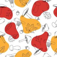 Mushroom and autumn leaves seamless pattern. Line art black mushrooms, autumn leaves and acorns on white background with colorful abstract shapes vector
