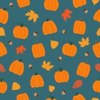 Autumn seamless pattern. Pumpkins, leaves and acorns on blue background. Background for autumn decorative design vector