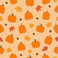 Autumn seamless pattern. Pumpkins, leaves, acorns and dots on pink background. Background for autumn decorative design vector