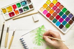 Female hand sketching aquarelle painting of monstera leaf. Watercolor paints and brushes, top view. Creative artistic flat lay. photo