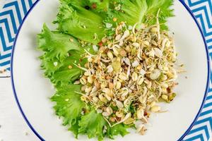 Top view of vegan healthy salad made of peas microgreen sprouts and sprouted beans on wooden background photo