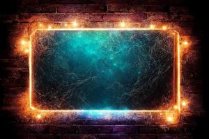 Futuristic Sci Fi Modern Neon Glowing Rectangle Frame for Banner on Dark Empty Grunge Concrete Brick Background photo