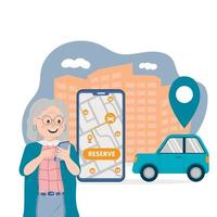old woman books a car in a car sharing application against the backdrop of city skyscrapers, a large smartphone with a map of the location of free cars