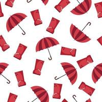 patrón otoñal impecable con botas de goma rojas y un paraguas para el clima lluvioso en un estilo plano aislado en un fondo blanco vector
