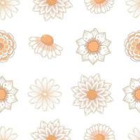 Seamless pattern with yellow autumn flowers marigold, calendula, chamomile in linear style isolated on white background vector